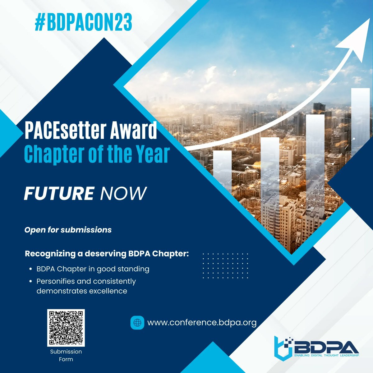 The nomination forms for this year's PACEsetter awards are now LIVE! If you have a local BDPA chapter you'd like to recognize for their outstanding work, please scan the QR code to submit. **Submission deadline: Friday, July 14th** #BDPACON23 #IT