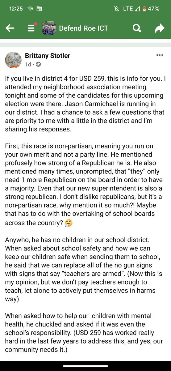 gonzopoliticsks's tweet photo. Time for an update on the @WichitaUSD259 BOE elections.  Found this report on this week's SW neighborhood association meeting involving district 4 candidate @ICTJasonCar 

#Wichita #BOE #Augustprimary https://t.co/QhTPLL83Ra