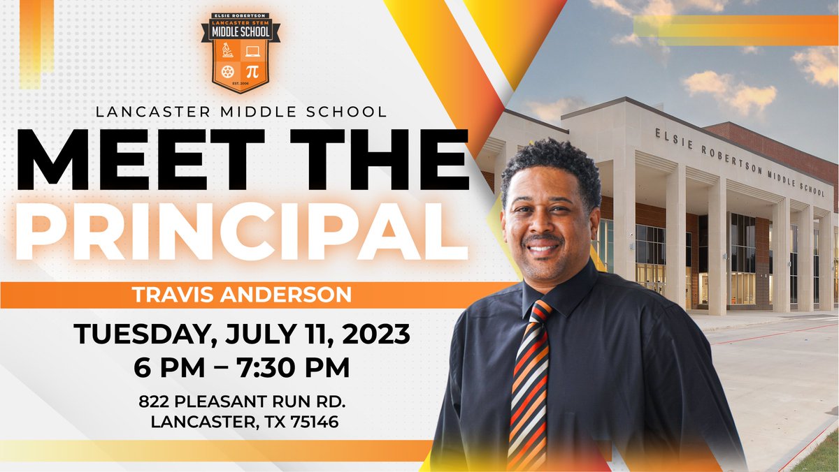 Join the new Lancaster Middle School principal, Travis Anderson, on Tuesday, July 11, at 6 p.m. for a Meet-the-Principal event! All students and parents/guardians are encouraged to attend to learn important information and expectations for the upcoming school year. #TigerUp