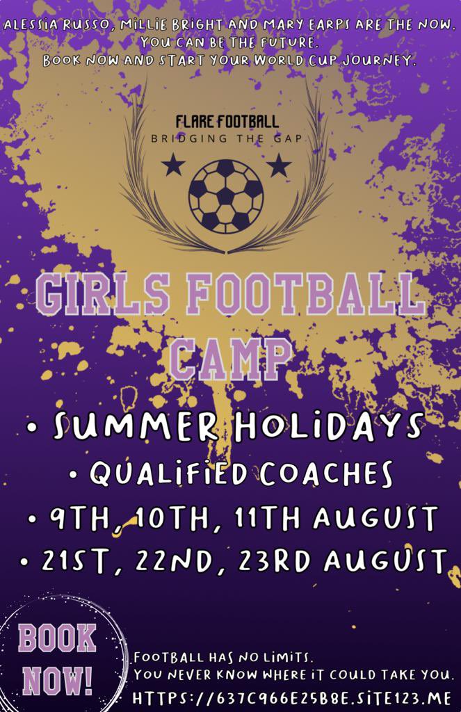 Venue: Oxford Spires Academy, Glanville Road Oxford, OX4 2AU

Time: 9.00am - 3.00pm 

Age: 5yrs - 16yrs

Cost: £22per day or £60 all 3 days.

Please click link in bio to book or email flarefootballltd@gmail.com

#BridgingTheGap #GirlsCanPlay #WomensFootball