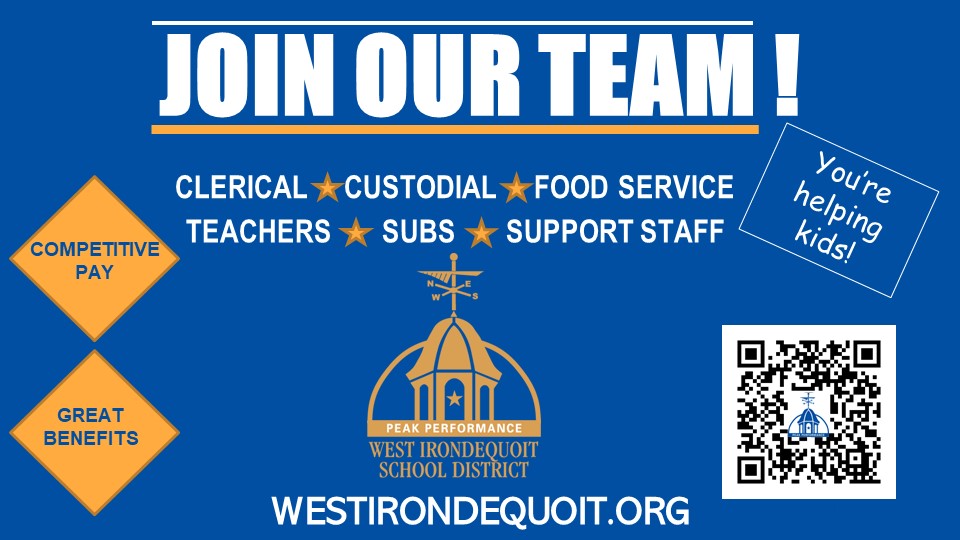 West Irondequoit offers competitive pay and strong benefits. Please consider joining our team! 

Current openings: bit.ly/Jobs_WI

Not interested but know someone who might be? We certainly would appreciate you sharing this post! We thank you - and do our students!
