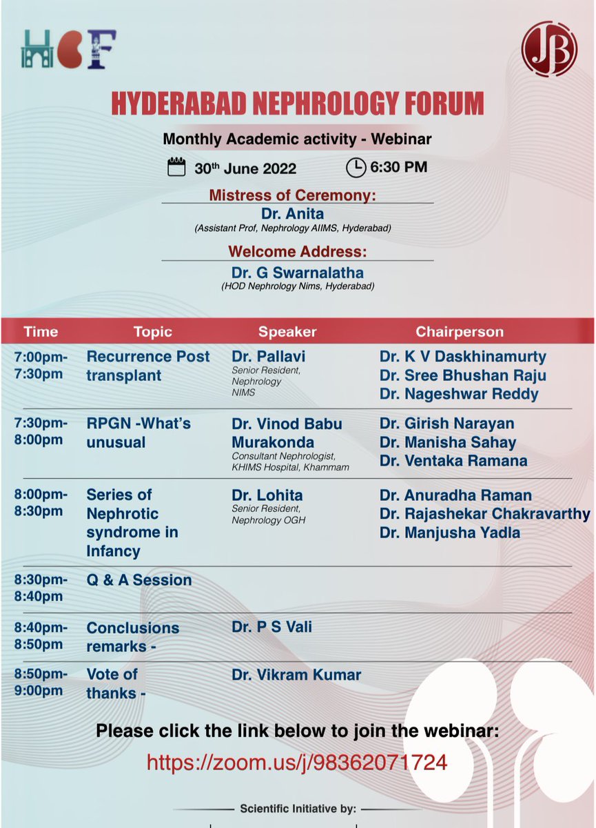 🏆Hyderabad Nephrology forum welcomes all to their monthly academic meet
🖥️ A virtual event 

🗓 On 30 th June  2023 
🕖 From 7 pm onwards 

<a href="/SwarnalathaGud2/">Swarnalatha Guditi</a> <a href="/drmanishasahay/">Dr Prof Manisha Sahay</a> <a href="/myadla/">manjusha yadla</a> <a href="/DrPSVali/">Dr P S Vali</a>