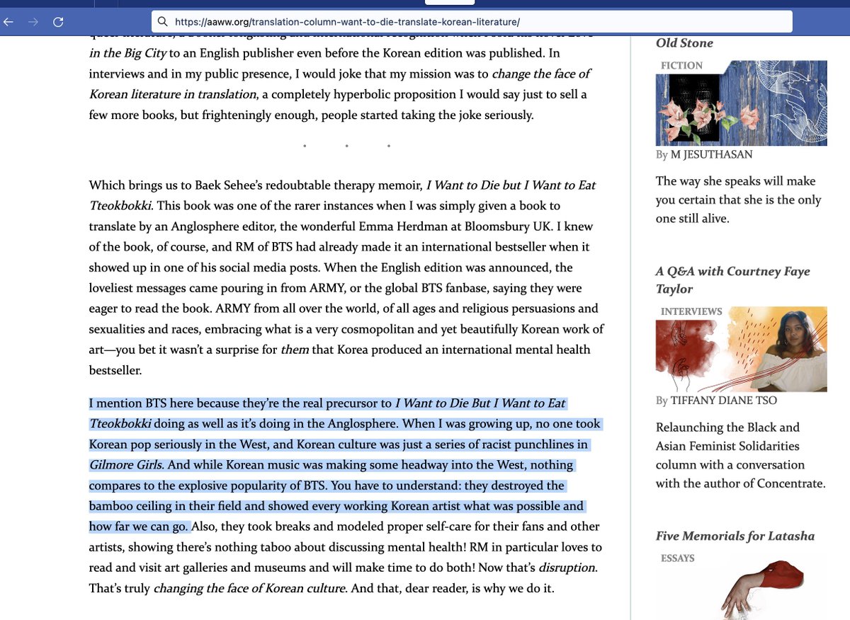 The incredible influence of <a href="/bts_bighit/">BTS_official</a> &amp; ARMY across industries: 

"RM of BTS had already made it an  international bestseller. 

I mention BTS here because they’re the real precursor to I Want to Die But I Want to Eat Tteokbokki doing as well as it’s doing in the Anglosphere."