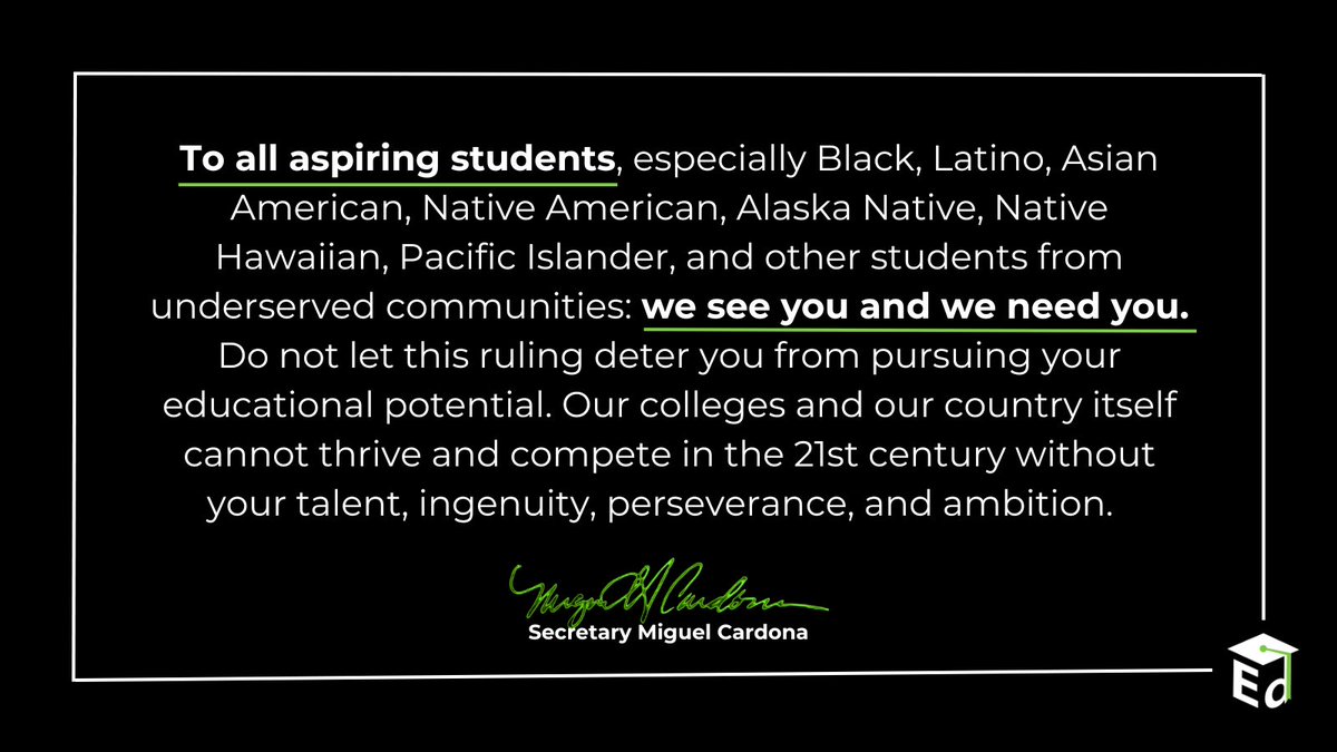 Today’s #SCOTUS decision takes our country decades backward, sharply limiting a vital tool that colleges have used to create vibrant, diverse campus communities. Our efforts to promote diversity in higher education are undeterred. ed.gov/news/press-rel…