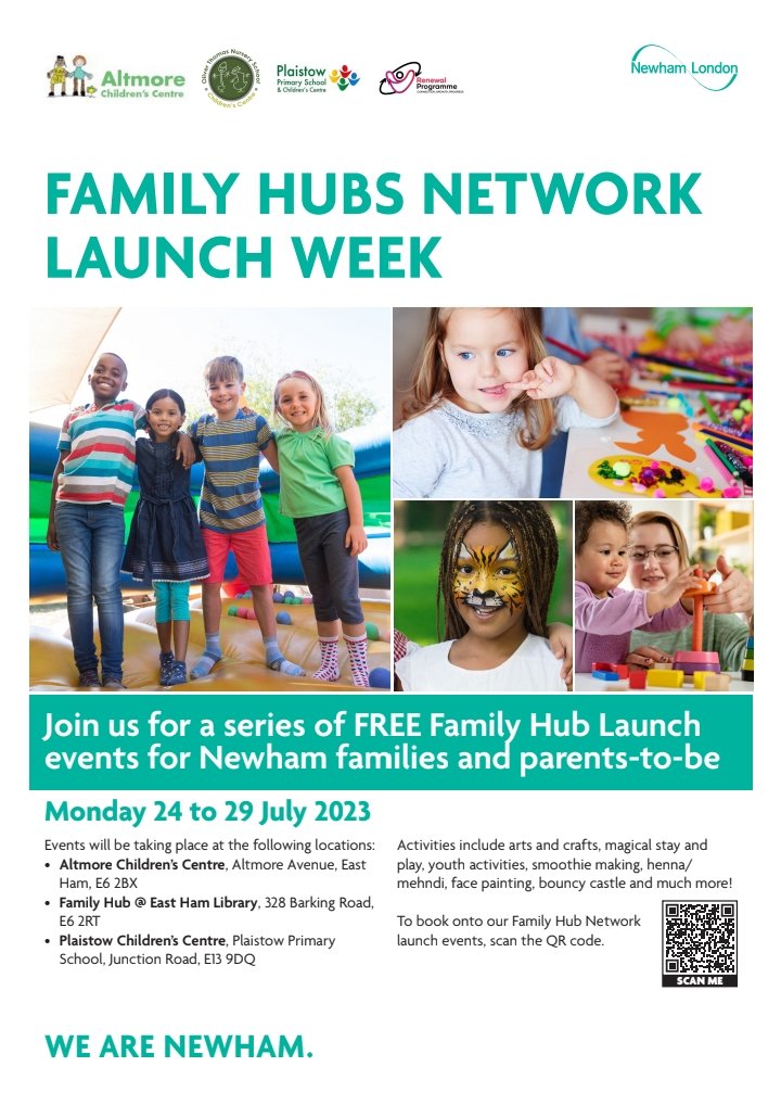 Newham Family Hubs Network Launch Week - 24th - 29th July 2023. Parenting taster sessions, child health advice, activities, information stalls, entertainment, and much more! <a href="/CypsNewham/">CYPSNewham</a> @ECockerell <a href="/CllrSarahRuiz/">Sarah Ruiz</a> <a href="/FamilyHubs/">Family Hubs Network</a> <a href="/RJBrock/">Ryan Brock</a>