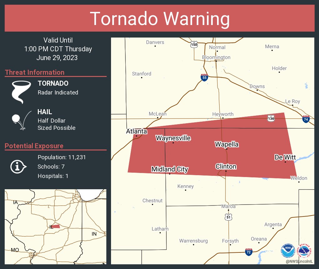 RT @NWStornado: Tornado Warning including Clinton IL, Atlanta IL and  Wapella IL until 1:00 PM CDT https://t.co/UiueAz6LO4