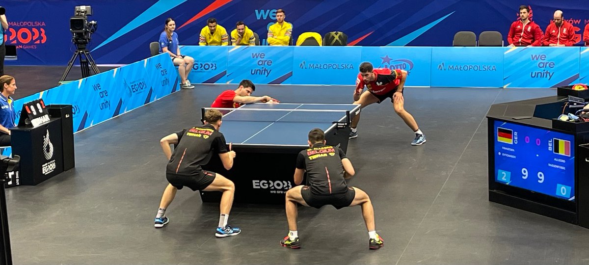 Badminton ⏩Tafeltennis @eg2023en  met België - Duitsland in kwartfinale teamcompetitie mannen. (Toernooi)favoriet Duitsland won dubbelspel met 3-2 en leidt dus met 1-0.