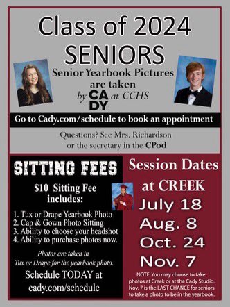 REMINDER: CADY will be on July 18, 2023 from 9:30 a.m. to 5 p.m. Sitting fees: 
$59 Formal yearbook pose, Cap &amp; Gown, Two Casual Scenes
$29 Formal yearbook pose, Cap &amp; Gown, One Casual Scenes
$10 Formal yearbook pose, Cap &amp; Gown

Please book your session cady.com/schedule