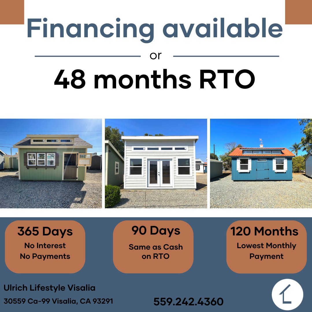 Ulrich_Visalia's tweet photo. Check out all of our financing and low payment options.  #ulrichlifestyle #sheshed #mancave #storagesheds #financing #thursdayvibes #ulrichlifestylevisalia #fresno #visalia #hanford https://t.co/3UTeyRPINe