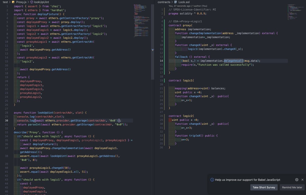 xtha_bikraj's tweet photo. 🐦 Day 29 of #60DaysOfLearning2023: Practiced writing proxy contracts in Solidity, exploring upgradability and modularity.🖋️📜 #ProxyContracts #Solidity #LearningWithLeapfrog #LSPPD29 https://t.co/qafjT68aI4