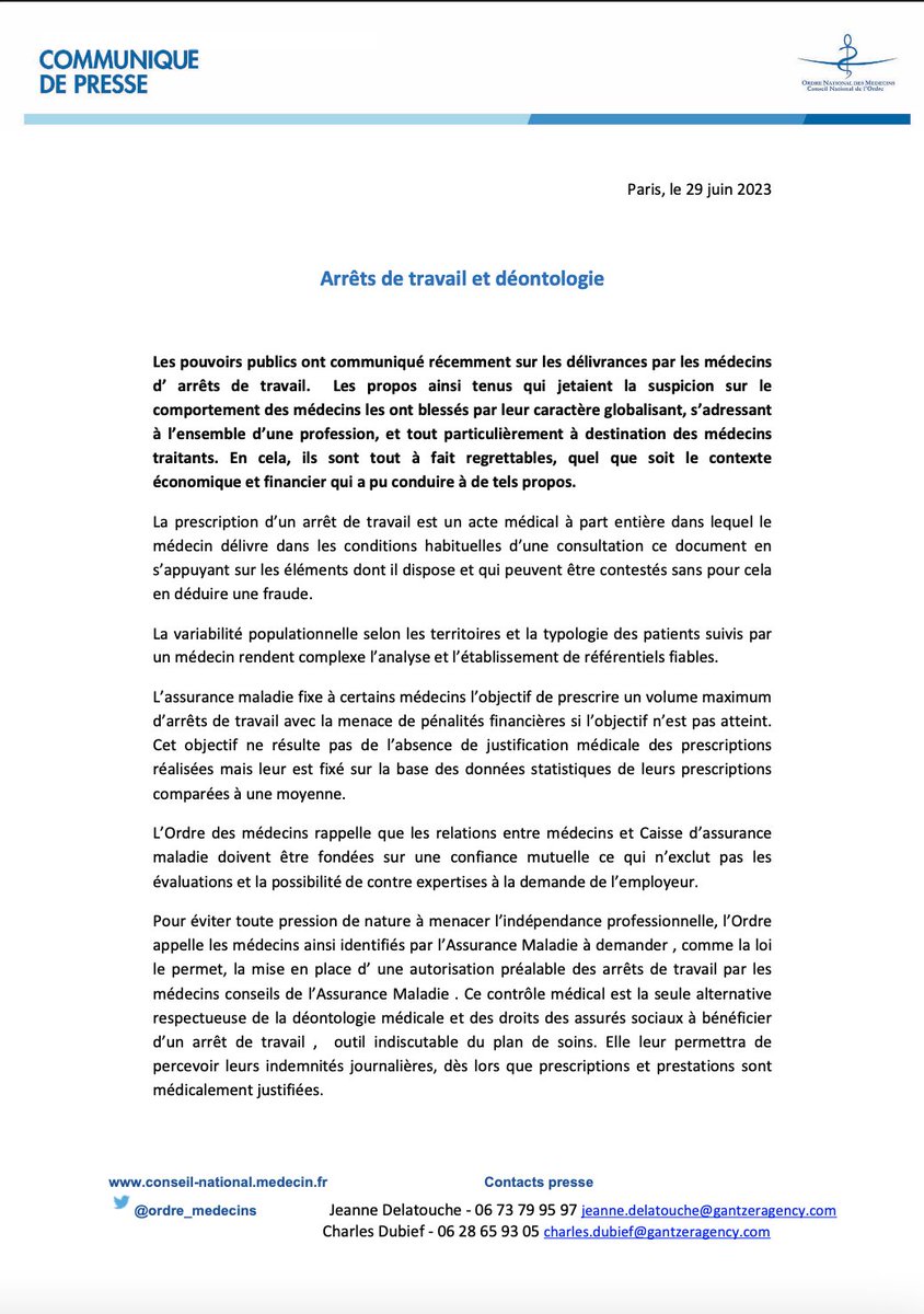 Arrêt de travail : L'<a href="/ordre_medecins/">Ordre des Médecins</a> regrette la stigmatisation des médecins. Ne leur jetons pas l’opprobre et rappelons le cadre déontologique compatible avec la défense des assurés sociaux et l’indépendance professionnelle du médecin. Plus d'infos ci-dessous 👇