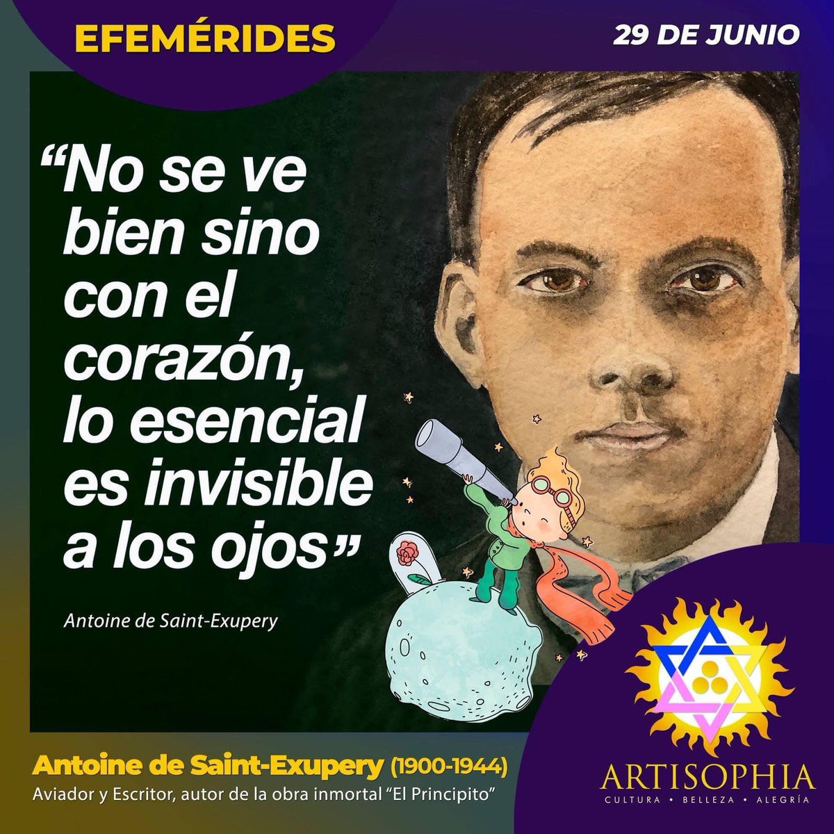 🌟#EFEMÉRIDES🌟
#Taldíacomohoy #29junio de 1900, nació Antoine de Saint-Exupéry.
m.facebook.com/story.php?stor…

#artisophia #efemerides #biografia #saintexupery #elprincipito #consuelosuncin #prixfemina #Kunugiyama #ElPrincipito #antoinedesaintexupery #B612 #inspiracion #frasedeldia