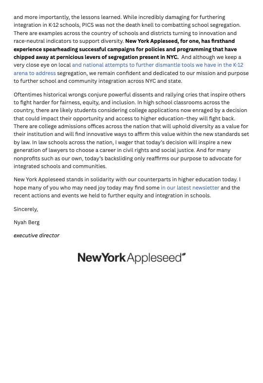 Today's decision to gut #AffirmativeAction is shameful and adds to a list of decisions that reverse equitable progress &amp; decimate protections ensuring equal rights and opportunity for the most marginalized in America.  

Read our ED's full statement:  
nyappleseed.org/reaffirming-ou…