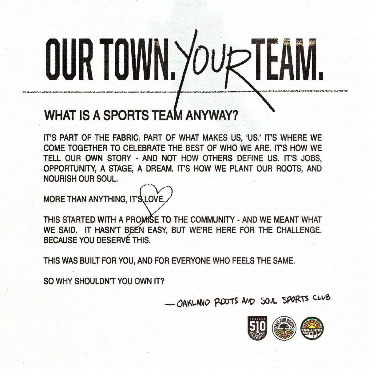 Our Town. Your Team. Oakland Roots & Soul Sports Club announces a Community Investment Round, giving fans the chance to own their club. Read more and sign-up to stay updated: bit.ly/OurTownYourTeam #OaklandFirstAlways