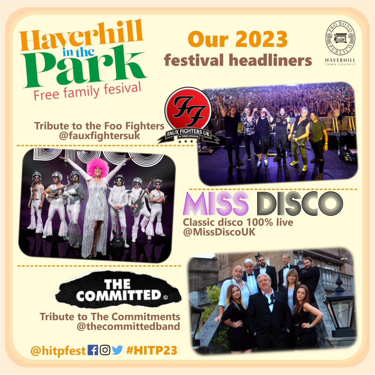 hitpfest's tweet photo. It's been 24hrs, did you guess who our headliners were?... We're pleased to confirm Faux Fighters UK, Miss Disco &amp; Committed Band Commitments Tribute will be your headliners closing #HITP23 🤘🤘
#FamilyFestival #LiveMusic #HaverhillInThePark https://t.co/BNaISJuRbu