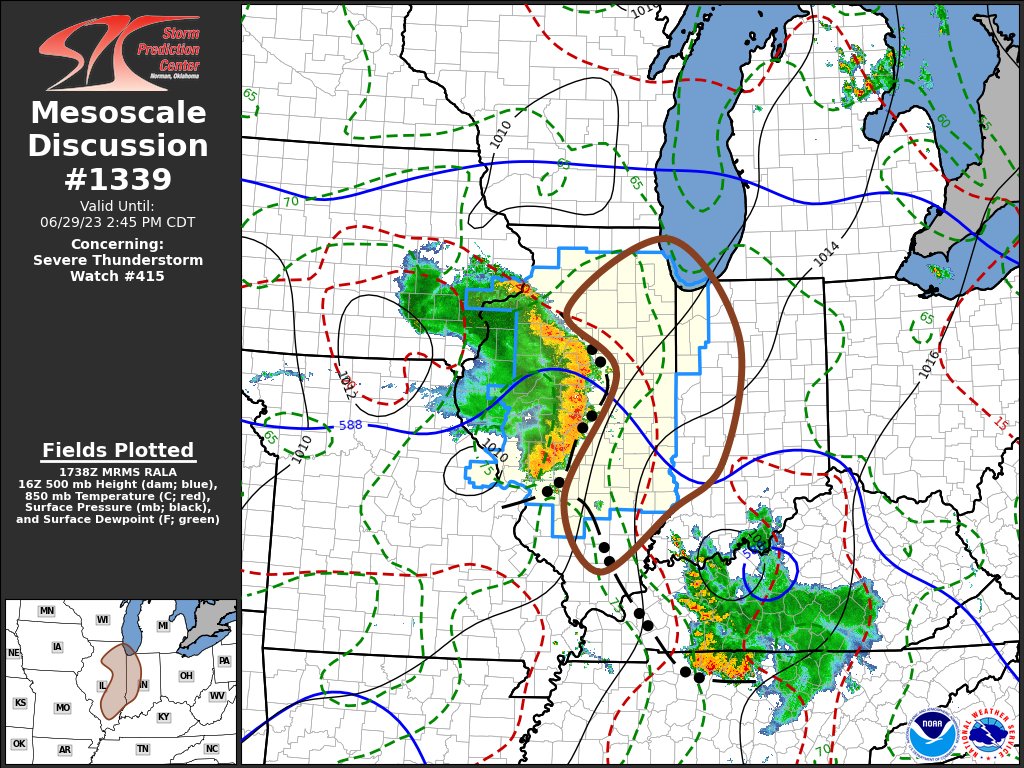 Latest Mesoscale Discussion from the SPC outlines portions of western IN for the possibility of a new Severe T'Storm Watch this afternoon. However, the environment east of the storms is more stable & could allow storms to weaken as the move towards/into IN. #ILwx #INwx