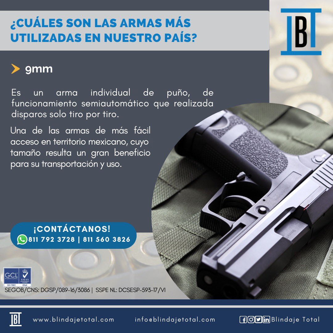 ¿Cuáles son las armas más utilizas en México? 🔫🔥

La 9mm es una de las armas de más fácil acceso, por ser semiautomática realiza disparos tiro por tiro.

FB/TW/IG/IN ➡️ Blindaje Total

#seguridad #blindaje #protección #armas #BesafeBeprotectBT