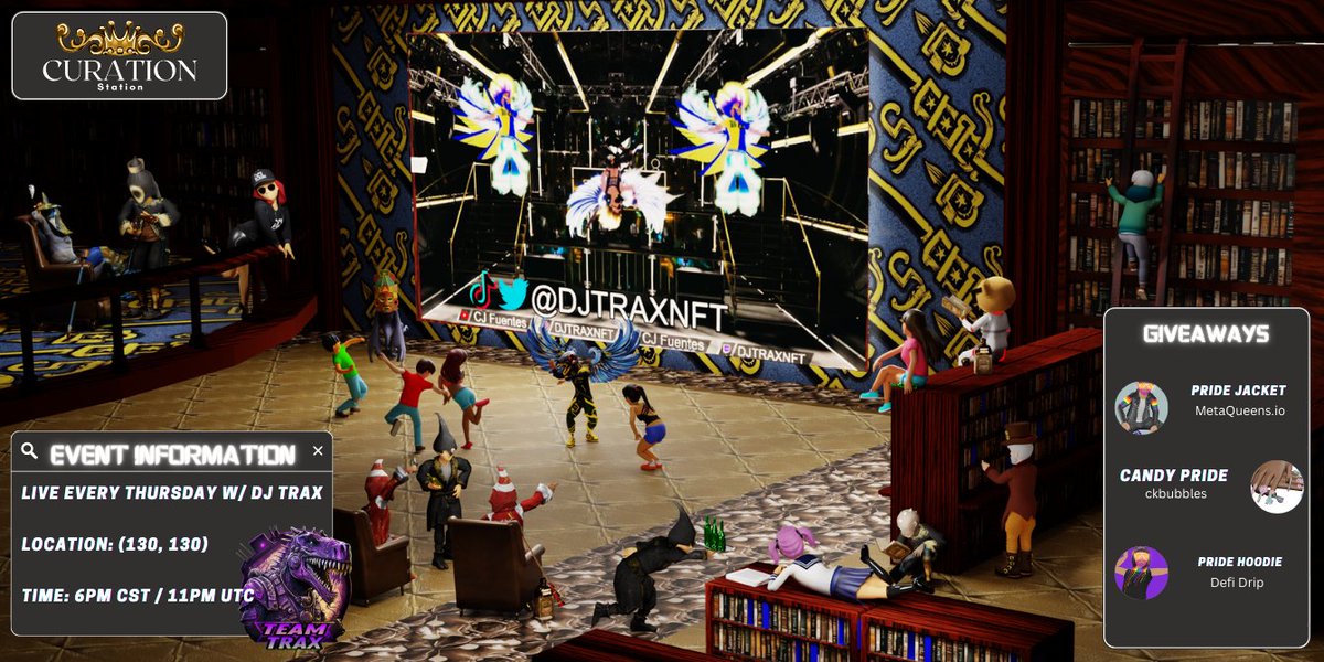 DCLCurations's tweet photo. See you all tonight at the #CurationStation (130, 130) in @Decentraland for another live event with @DJTRAXNFT!
This weeks giveaways are the top 3 subs to the #MetaversePride23 contest!
Like, Follow, RT to enter - drawings tonight!
1. Pride Jacket by MetaQueens
2. Candy Pride by @iamckbubbles
3. Pride Hoodie by @DefiDripDCL
https://t.co/fK1tAdaJEg
