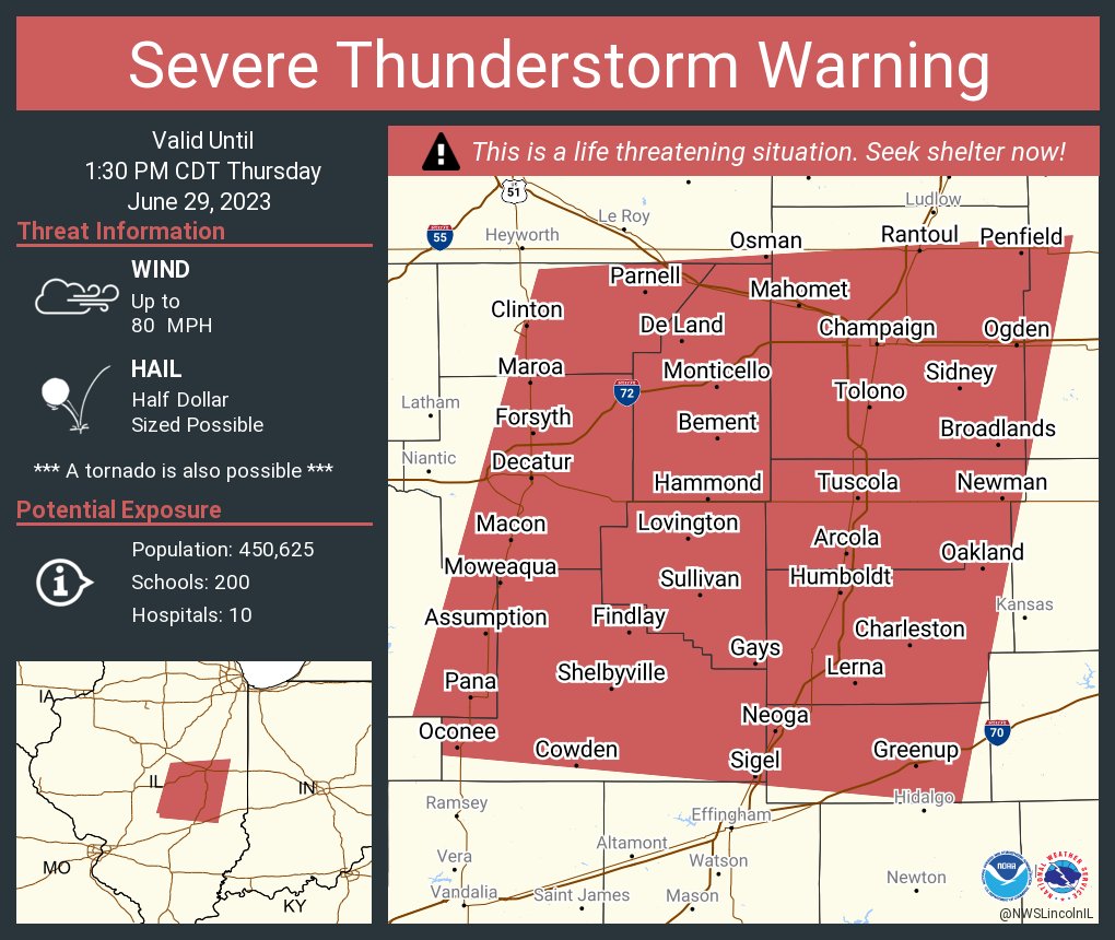 Severe Thunderstorm Warning including Champaign IL, Decatur IL and  Urbana IL until 1:30 PM CDT. This destructive storm will contain wind gusts to 80 MPH!
