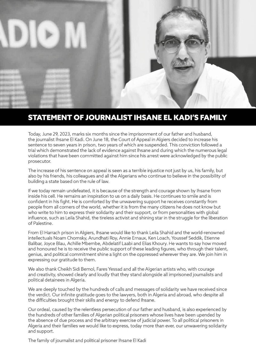 TinhinanEl's tweet photo. Cela fait six mois aujourd’hui, 29 juin 2023, qu’@ElkadiIhsane est en prison. Communiqué de la famille en arabe, français et anglais. 

#free_ihsane_elkadi https://t.co/QCZTAhmGHB