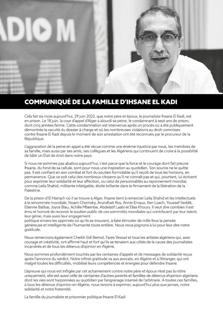 TinhinanEl's tweet photo. Cela fait six mois aujourd’hui, 29 juin 2023, qu’@ElkadiIhsane est en prison. Communiqué de la famille en arabe, français et anglais. 

#free_ihsane_elkadi https://t.co/QCZTAhmGHB