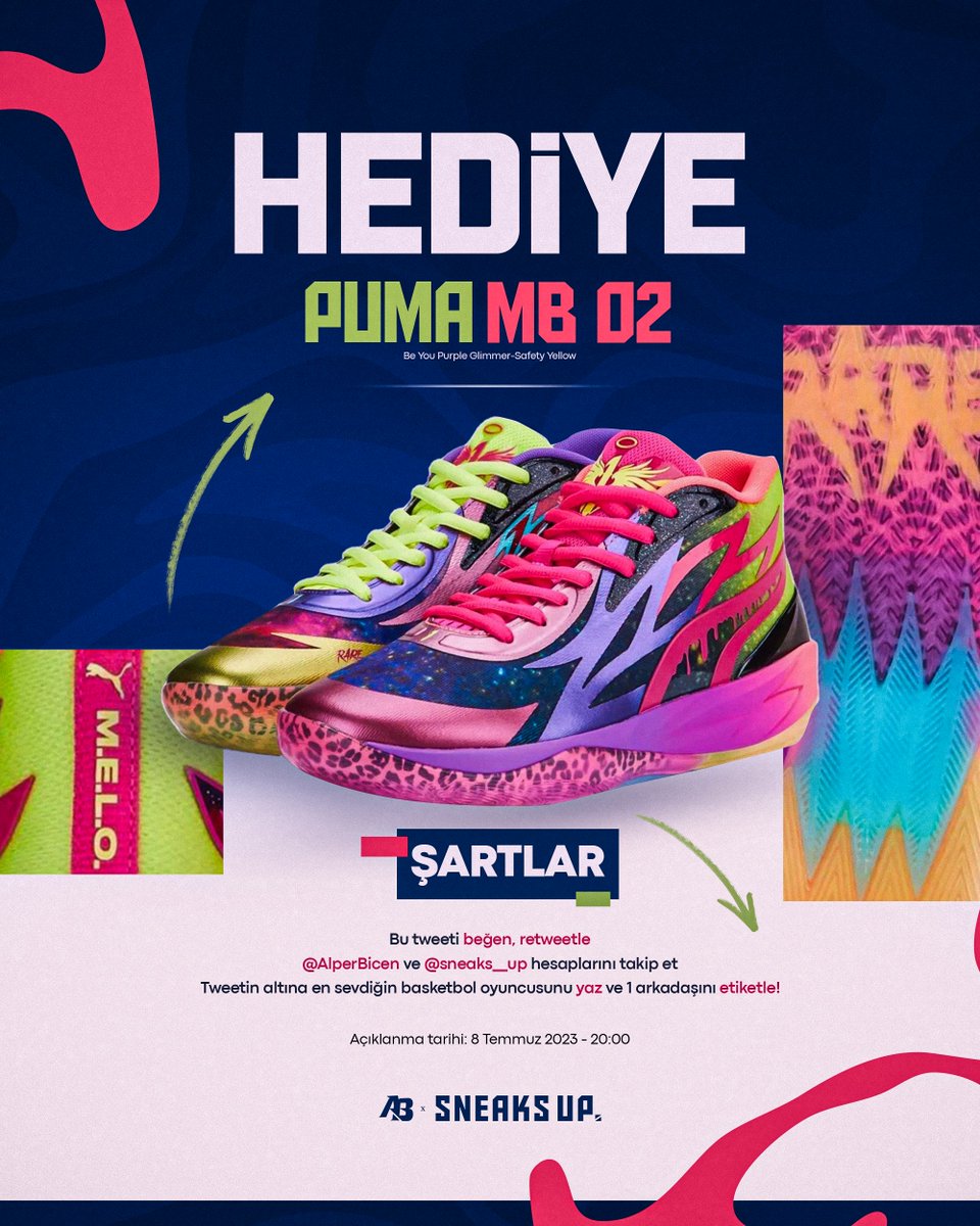 AlperBicen's tweet image. 🎁 @sneaks__up ile "Puma Mb.02 Be You" ayakkabısını şanslı 1 kişiye hediye ediyoruz. Şartlar:

· Bu tweeti beğen, retweetle
· @AlperBicen ve @sneaks__up hesaplarını takip et
· Tweetin altına en sevdiğin basketbol oyuncusunu yaz ve 1 arkadaşını etiketle!

Bol şans.❤️
#işbirliği