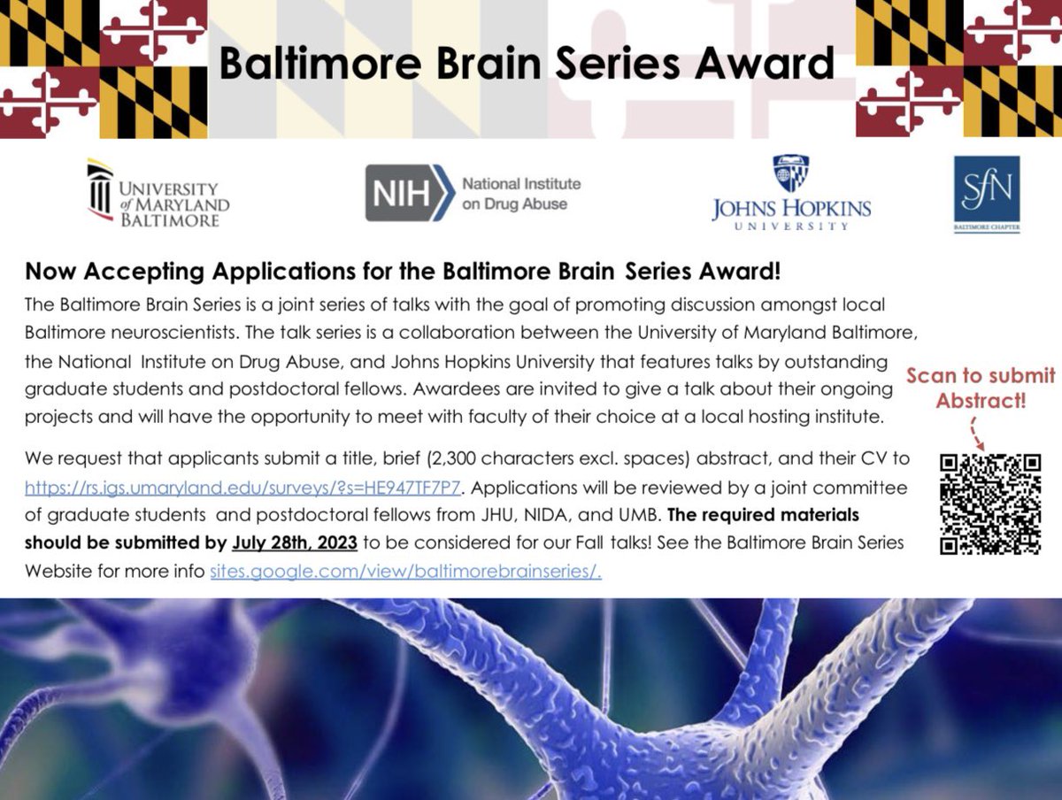 Tis’ the season - Baltimore Brain Series abstract submission is now open for Fall 2023! Seminars will be hybrid, and speakers will be invited onto campus for an in-person seminar with Zoom links given to the other institutions! @UMMedNeuro @NIDAnews @HopkinsNeuro @jhneurostudents