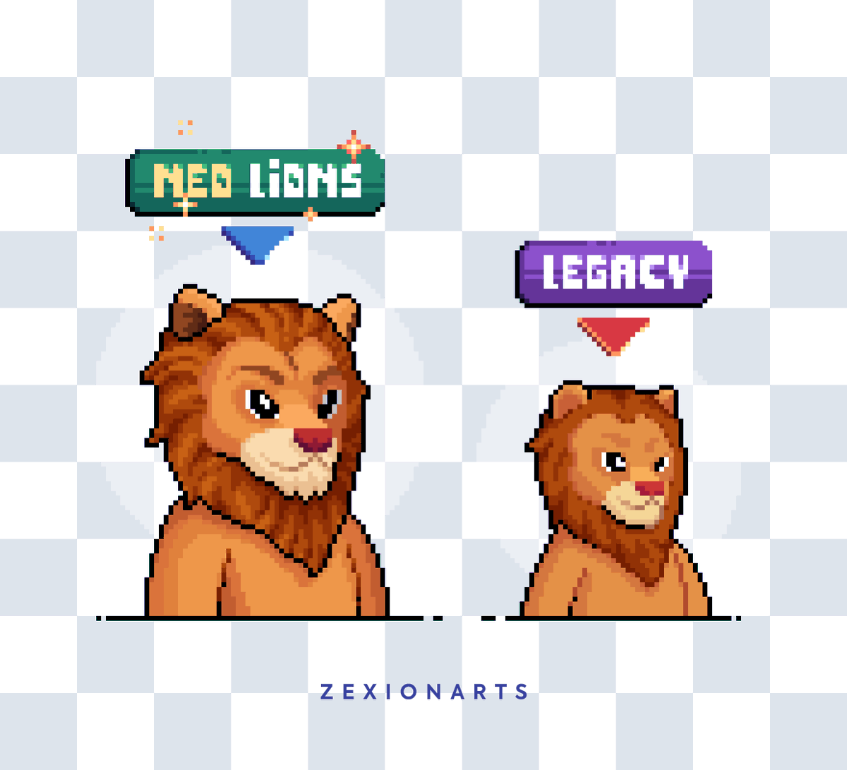 ZexionArts's tweet photo. Mind the glow-up! ✨✨🦁✨✨

New designs for a future NFT collection for @lionsonsolana. The web3 savanna will need more space to keep all these lions out there!

I also made the original #pixelart for the legacy lions, but these new ones looks way cooler, ngl https://t.co/3hi2UALgXt