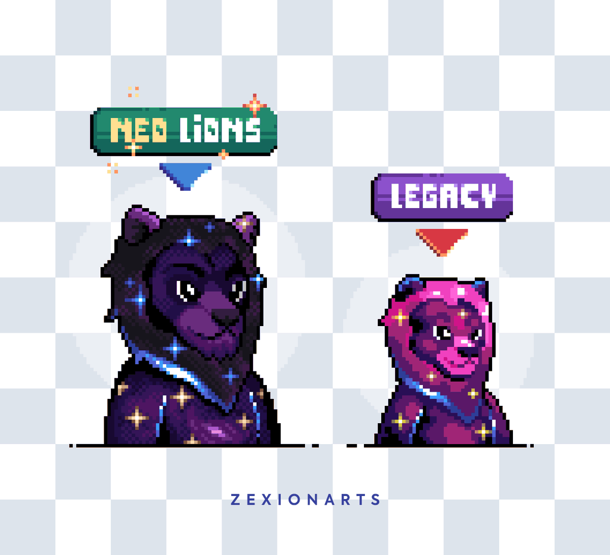 ZexionArts's tweet photo. Mind the glow-up! ✨✨🦁✨✨

New designs for a future NFT collection for @lionsonsolana. The web3 savanna will need more space to keep all these lions out there!

I also made the original #pixelart for the legacy lions, but these new ones looks way cooler, ngl https://t.co/3hi2UALgXt