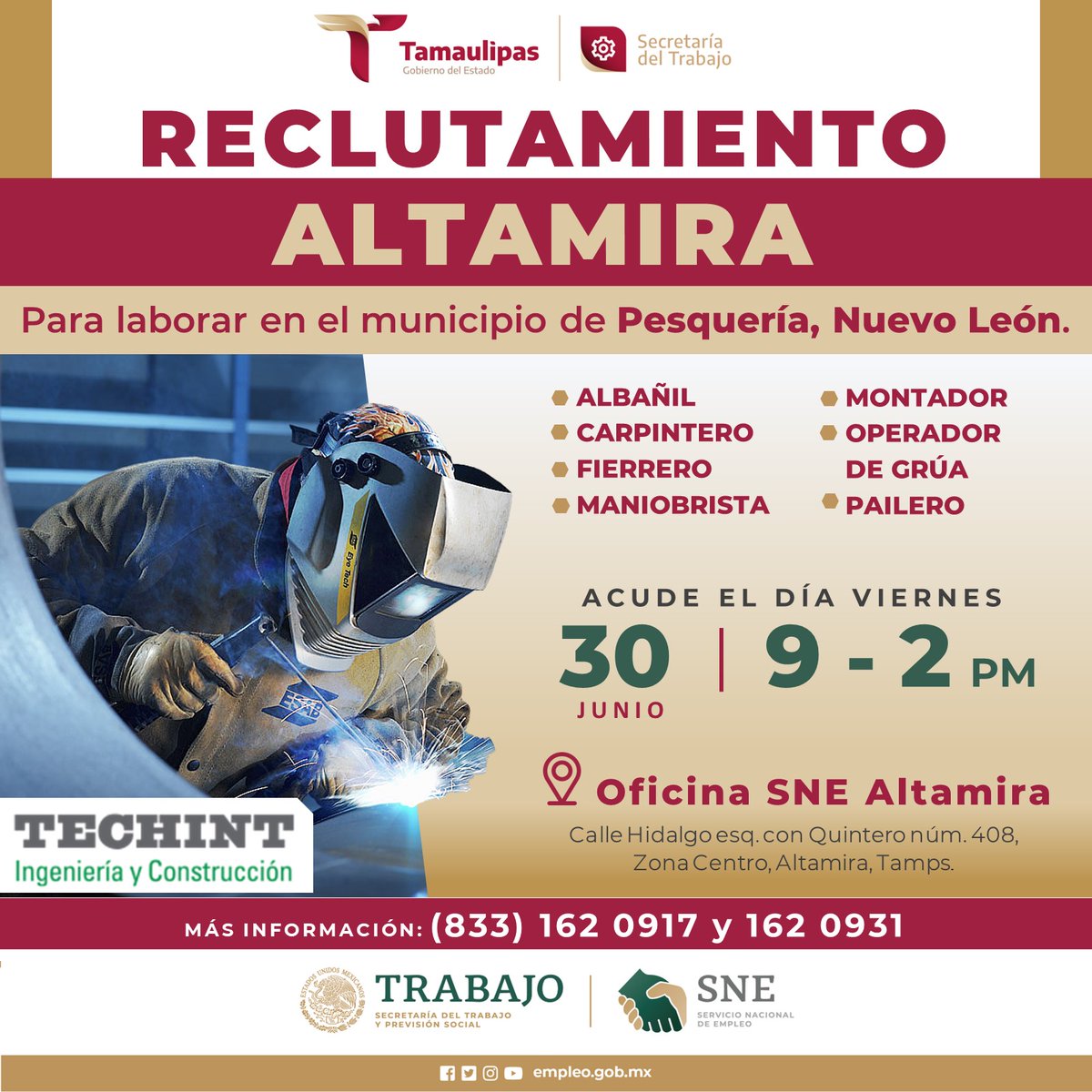 SNE_Tam's tweet image. Atención #Altamira

¿Buscas trabajo? La empresa #TECHINT junto al #SNE #Altamira llevarán a cabo un reclutamiento con diversas vacantes para trabajar en el municipio de #Pesquería, #NuevoLeón.

¡Todos nuestros servicios son gratuitos!

 #Trabajo #CV #PortalDelEmpleo #Entrevista