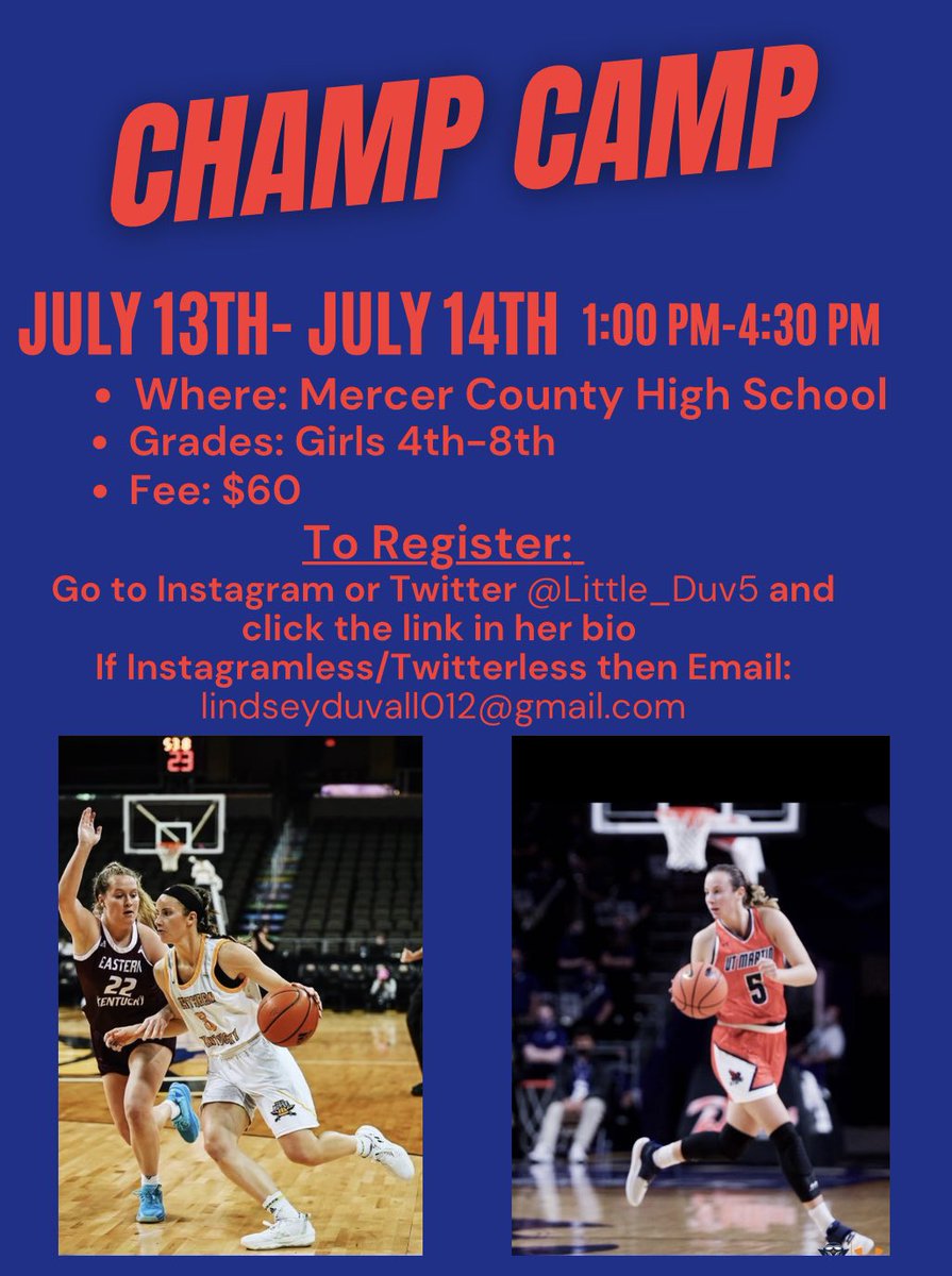 Our last camp for the summer but definitely not least is at Mercer County High School, July 13th-14th!
•State Champs will be attending and working👀

Seygan Robins &amp; <a href="/eedavis__/">Emma Davis</a> 🏀🏆