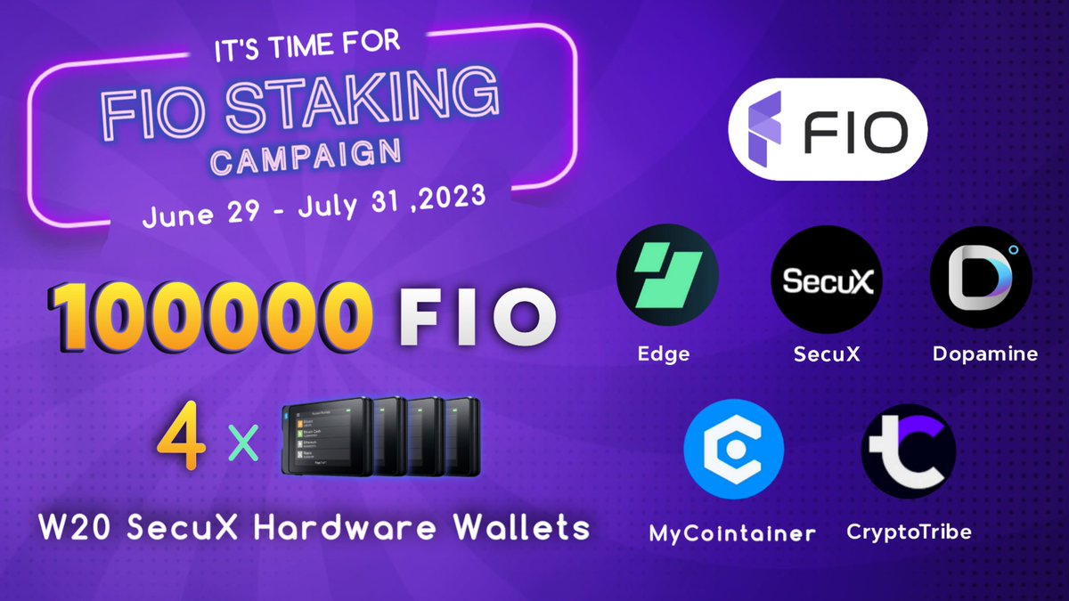 FIO Protocol (@joinfio) on Twitter photo 📣 STAKE $FIO and WIN 🎊🎊
We're giving away 100,000 $FIO, four brand new SecuX (W20) Hardware Wallets! Plus all participants will receive an exclusive NFT as a special bonus!
Here's how you can win: 💥
1️⃣Follow , <a href="/joinFIO/">FIO Protocol</a> <a href="/SecuXwallet/">SecuX</a>, <a href="/EdgeWallet/">Edge</a> , <a href="/myDopamineApp/">DOPAMINE CRYPTO MOBILE APP WITH $DOPE 🚀</a>, 📣 STAKE $FIO and WIN 🎊🎊
We're giving away 100,000 $FIO, four brand new SecuX (W20) Hardware Wallets! Plus all participants will receive an exclusive NFT as a special bonus!
Here's how you can win: 💥
1️⃣Follow , <a href="/joinFIO/">FIO Protocol</a> <a href="/SecuXwallet/">SecuX</a>, <a href="/EdgeWallet/">Edge</a> , <a href="/myDopamineApp/">DOPAMINE CRYPTO MOBILE APP WITH $DOPE 🚀</a>,