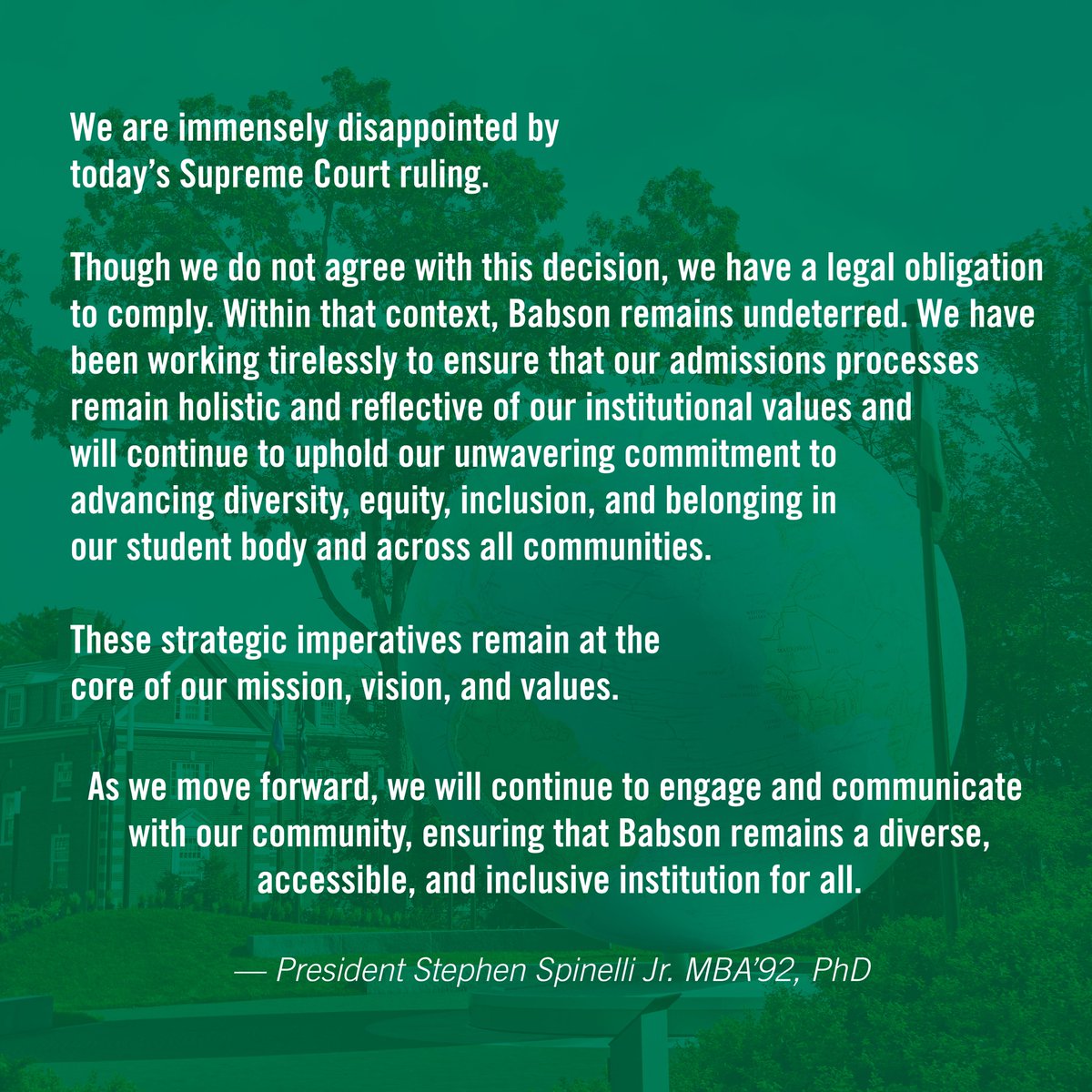 As we move forward, we will continue to engage and communicate with our community, ensuring that Babson remains a diverse, accessible, and inclusive institution for all. Read the full statement on the Supreme Court Ruling on Race-Conscious Admissions: babson.edu/about/our-lead…