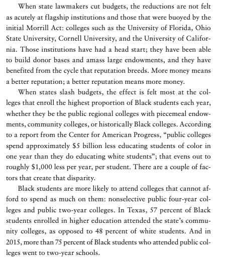 AdamHSays's tweet photo. Just want to note that, though only a handful of institutions are selective enough to need to use race in admissions, those that do are incredibly well-funded and wealth stratification is _really bad_ in higher education already. From The State Must Provide: https://t.co/DfQybruJea