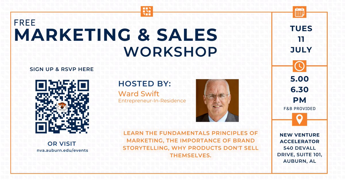 Auburn's New Venture Accelerator is offering free business workshops all summer long.  To learn more and to register, visit:
nva.auburn.edu/events/