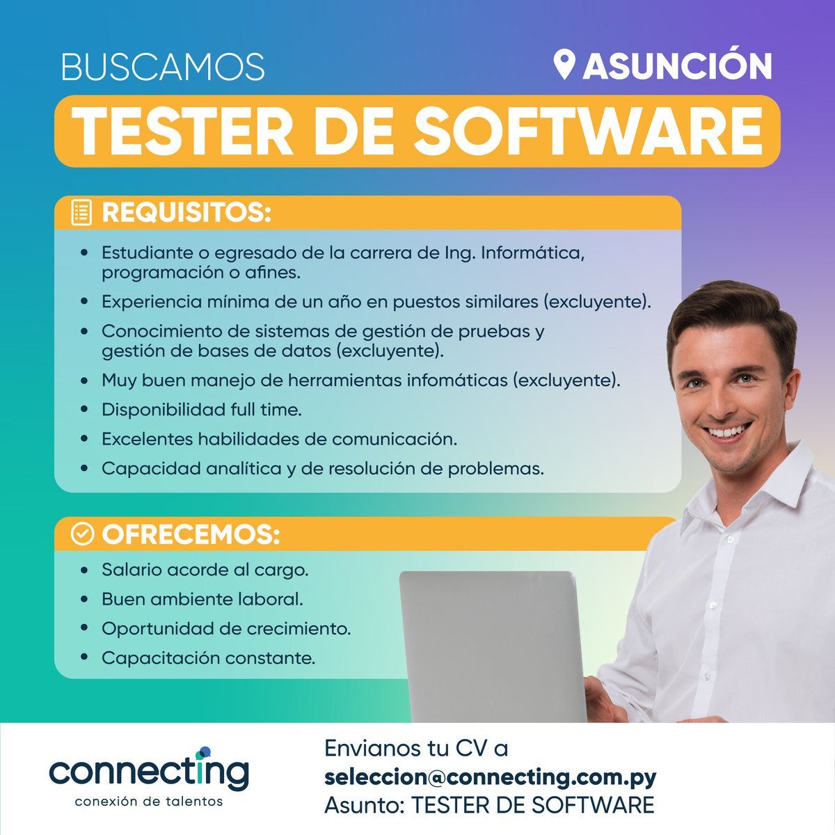Tips para la postulación 👇🤩
➡ Contamos con filtros automáticos. Coloca el asunto indicado para que tu correo sea tomado en cuenta.
➡ El no cumplimiento de los requisitos EXCLUYENTES hace que el CV se elimine de la base de datos para futuras búsquedas.

#OportunidadLaboral