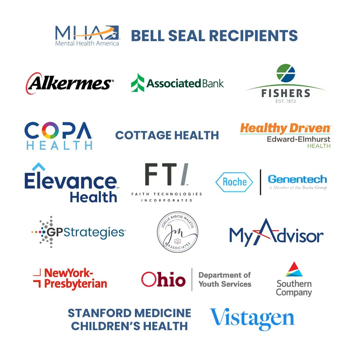 Congratulations to the latest recipients of MHA’s Bell Seal for Workplace #MentalHealth: @Alkermes, @AssociatedBank, @FishersIN, @CopaHealth, @ElmhurstHealth, @ElevanceHealth, @FaithTechInc, @gpcorp, @MyAdvisorHealth, @nyphospital, @OhioDYS, @StanfordChild, @Vistagen, and more!