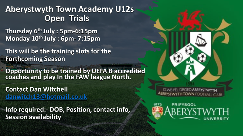 As we prepare for the 2023/23 season looking for talented players to join our u12s team, please share and get in touch. #aberasone @AberTownAcademy @AberystwythTown