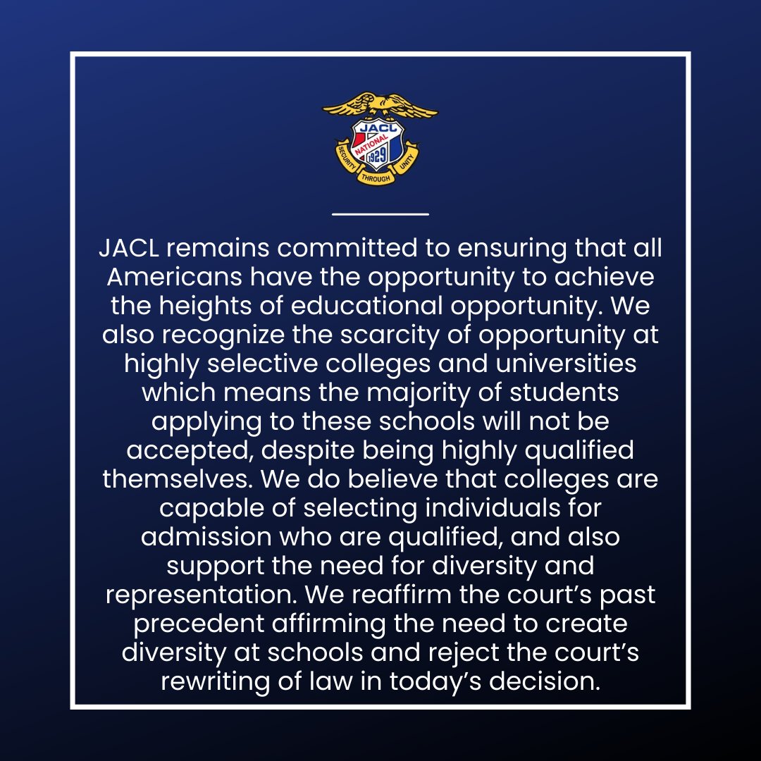 JACL is deeply disappointed in the decision by the Supreme Court today to strike down the use of race as a general consideration in the holistic admissions programs for universities. Read our full statement here: jacl.org/statements/jac…