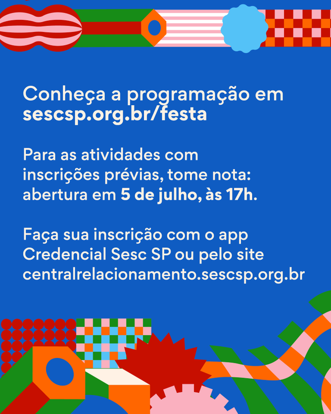 sescsp's tweet photo. Conheça a programação completa no portal https://t.co/JnlI5fE7m2 e não perca essa 𝗙𝗲𝘀𝘁𝗔!

#festanosesc #festivaldeaprender #tecnologiaseartes https://t.co/6GNqgDePLa