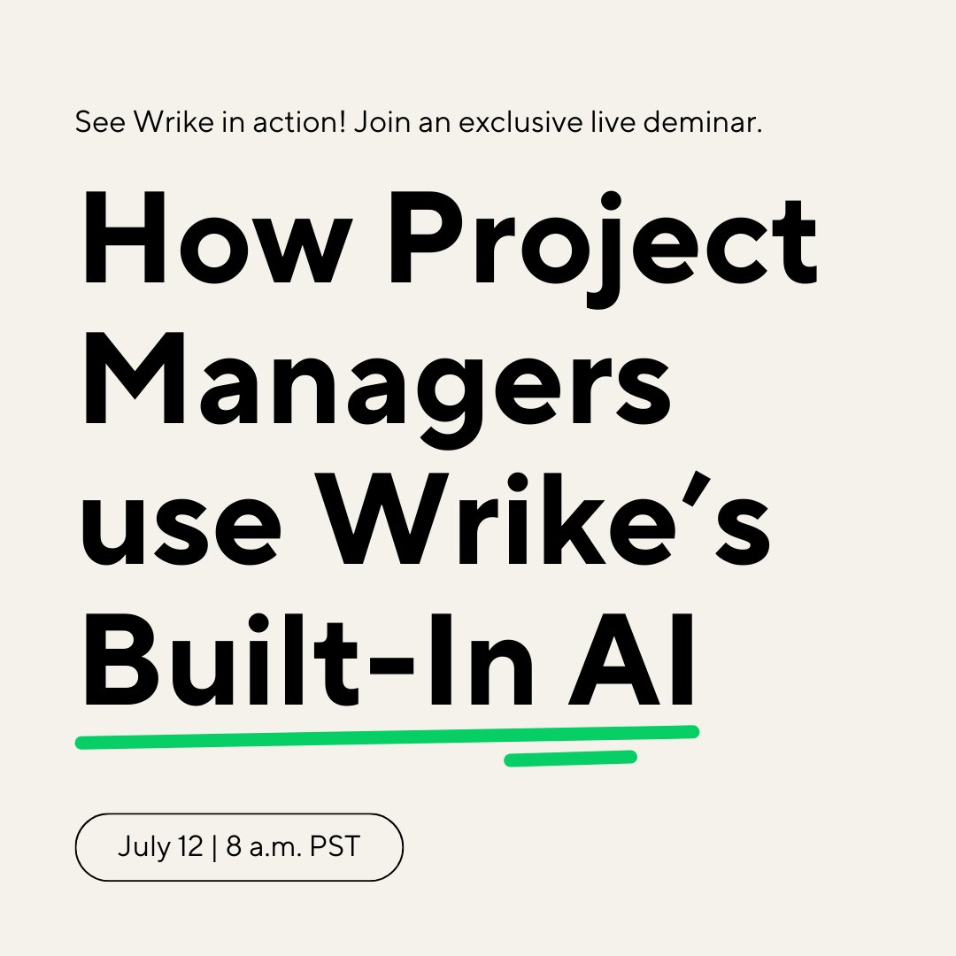 wrike's tweet image. Let us handle the mundane tasks so you can focus on the meaningful work. Join us for a 15-minute deminar, and discover how to leverage our built-in AI features. 

Save your spot: bit.ly/3Jy8L0X

#projectmanagement #workmanagement #productivity #efficiency #AI #automation