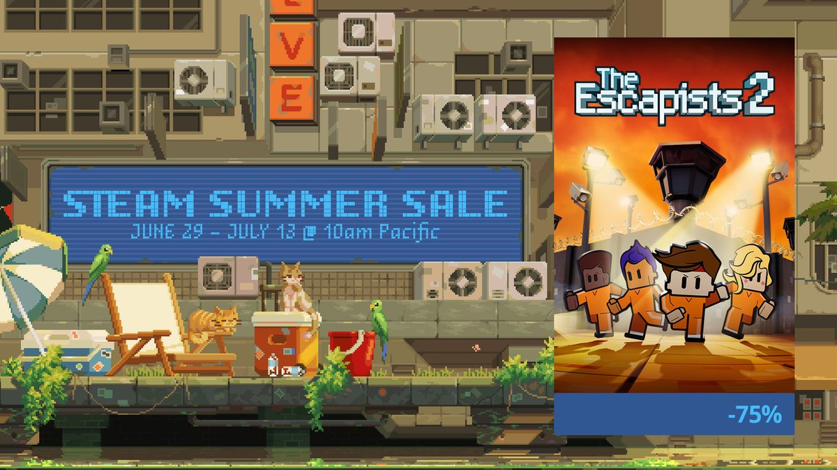 📣 Attention Prisoners...

Catch 75% OFF The Escapists 2 in the #SteamSummerSale 🌞 

Already own it? Discover huge discounts on all Escapists games and DLCs for Steam! 🏃💨 bit.ly/TW-TheEscapist…