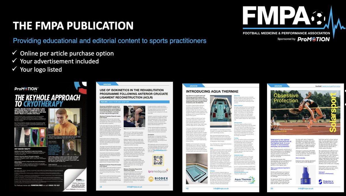 FMPA_Official's tweet photo. Would you like to promote your business with advertisements and feature in advertorials in the FMPA's publication 'football medicine & performance'?
Quarterly editions accessed by FMPA members.
https://t.co/lGQYZGFmrA
#FMPA #football #medicine #performance #sportsjournal https://t.co/deFBUJazid