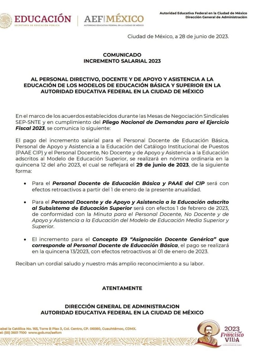 SnteSecc10's tweet photo. Estimadas (os) compañeros.
Compartimos comunicado "INCREMENTO SALARIAL 2023", emitido por la @_AEFCM . En cumplimiento al Pliego Nacional de Demandas para el Ejercicio Fiscal 2023.
#Fraternalmente
#La10GrandeOtraVez https://t.co/NDmRJ8caTD