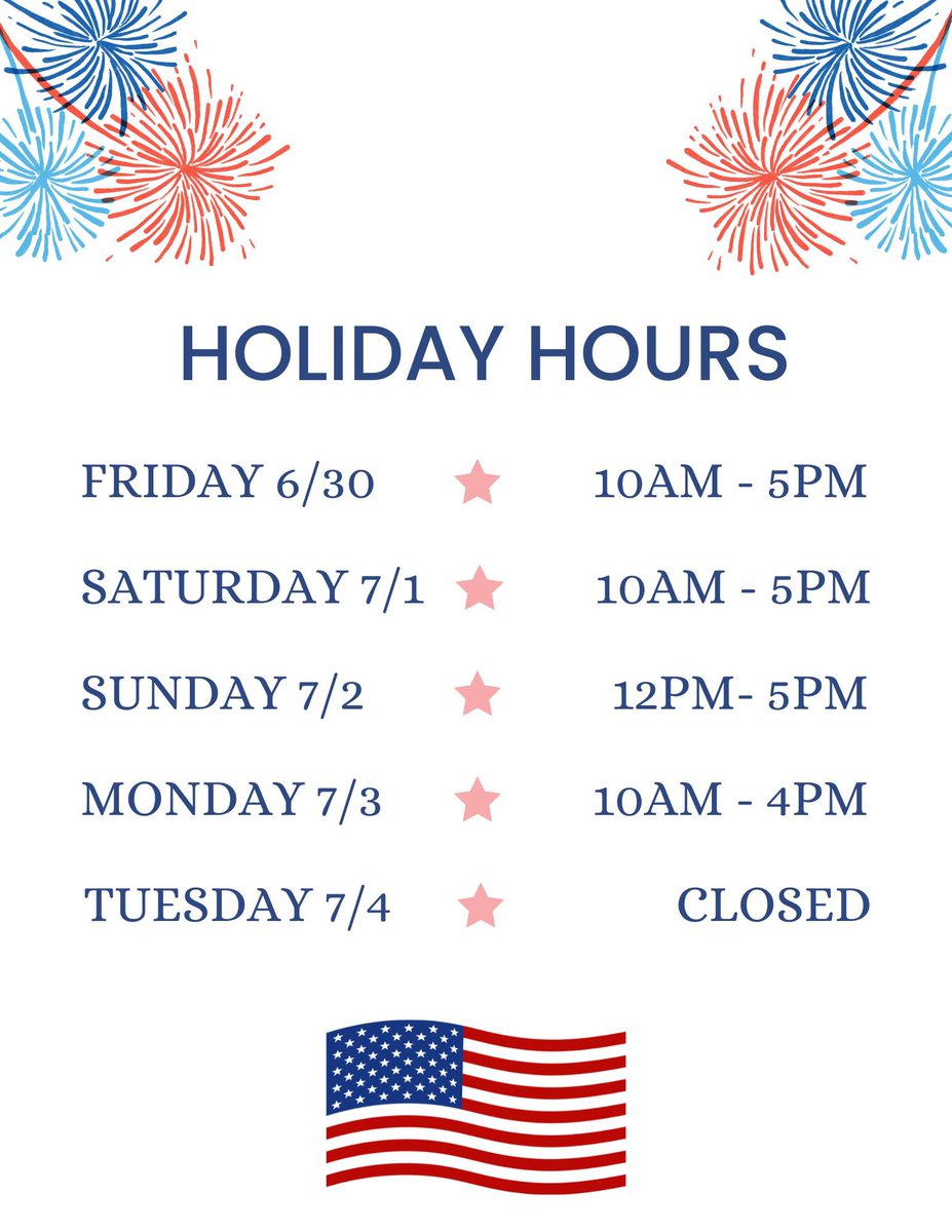Here are our updated hours for the holiday weekend! We will be closing at 5 pm on Friday, Saturday, Sunday, and closing at 4 pm on Monday. The book shop will be closed on the Fourth of July.