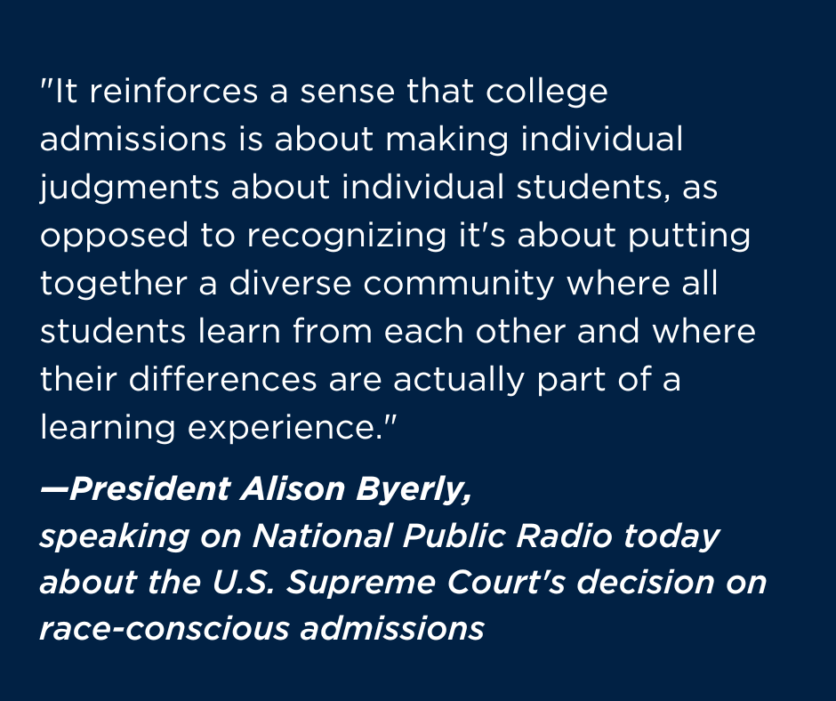 CarletonCollege's tweet photo. President @alisonbyerly spoke to NPR today about the Supreme Court decision on race-conscious admissions. Listen to the full interview: https://t.co/QdfbTiyqT0 https://t.co/gmOKSQex0Z