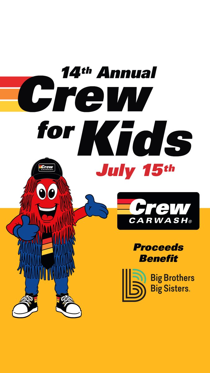 Visit us at Crew Carwash on July 15th! 50% of the proceeds from Crew Carwash's Ultimate Wash go to BBBS! 🎉