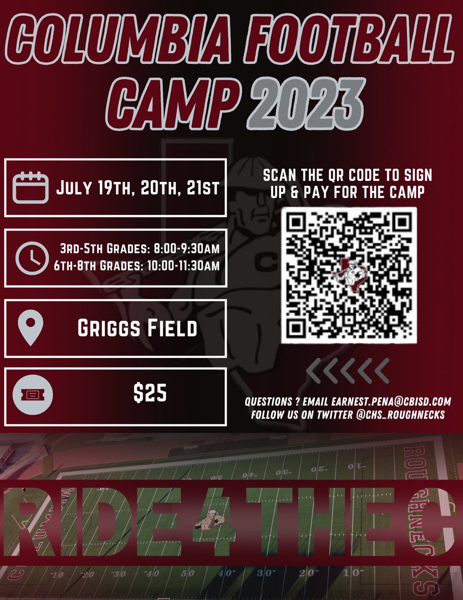 CHS_Roughnecks's tweet photo. 🏈🏈Don’t forget to sign-up for our Roughneck Football Camp! 🏈🏈

July 19-21
Incoming 3rd - 5th Graders: 8AM-9:30AM
Incoming 6th - 8th Graders: 10AM-11:30AM

#RideForTheC https://t.co/BO9uxoBqXR