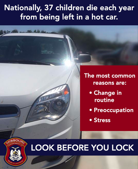 We're experiencing the hottest days of the year!  ▶️Never leave a child in a car - NOT FOR A MINUTE! ▶️Vehicles get dangerously hot in minutes
▶️Cracking windows will NOT reduce the temperature inside the vehicle
▶️Always #LookBeforeYouLock #WheresBaby #MoWx
