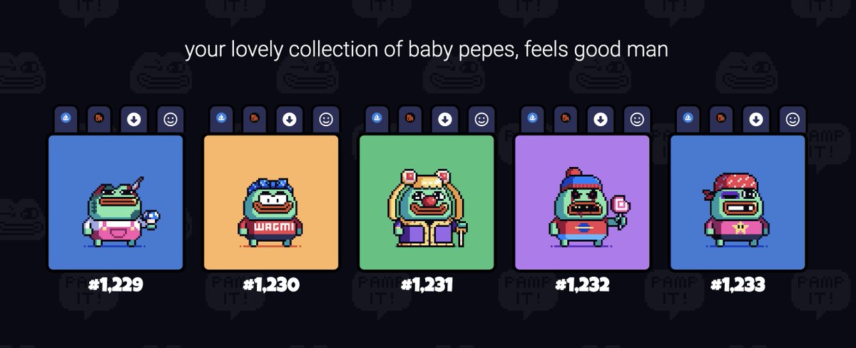 br1dge_eth's tweet photo. Feels good man indeed! Superb pixel art, flawless website and mint. Showing the space how it's done. Awesome job, @baby_pepes ! https://t.co/ZC8NJVvhJS